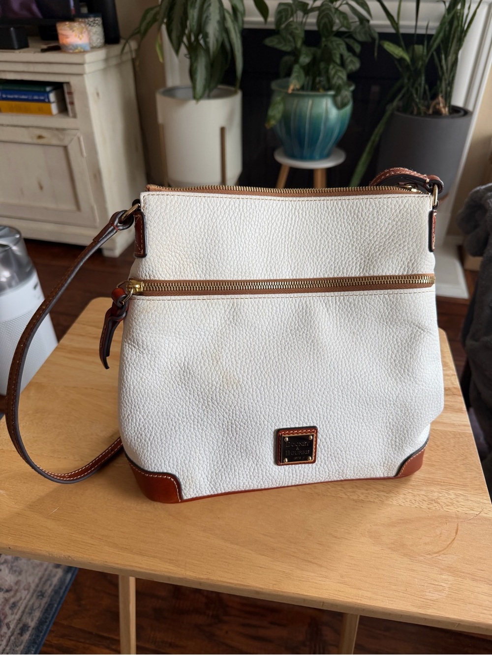 Dooney & Bourke White and Brown Pebbled Crossbody Satchel